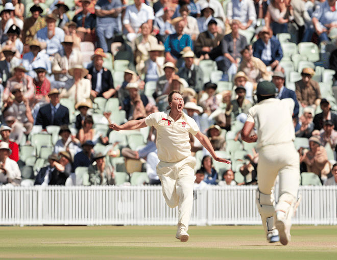 Spectators cheer wildly as the cricket bowler strides forward, hurling the ball towards the batsman, who is poised to strike under the bright stadium lights.