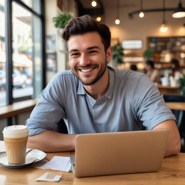 A man sits at a cafe with a laptop, smiling broadly as if he just won a game.