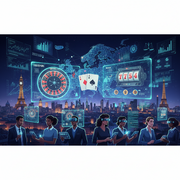 The background is a sophisticated digital landscape, devoid of text, pictographs, or tables, focusing purely on the interconnectedness of online casinos, business, and the European gambling environment.