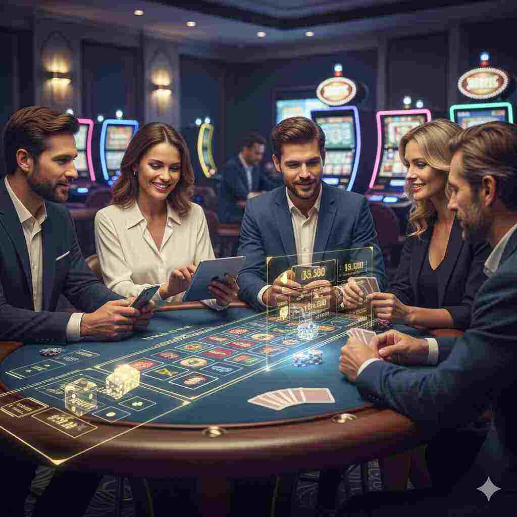 A group of business professionals sitting around a table game inside a casino.