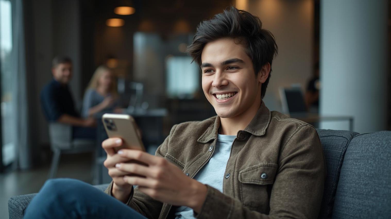 A relaxed individual using a smartphone in a bright modern space symbolizing digital gaming growth.