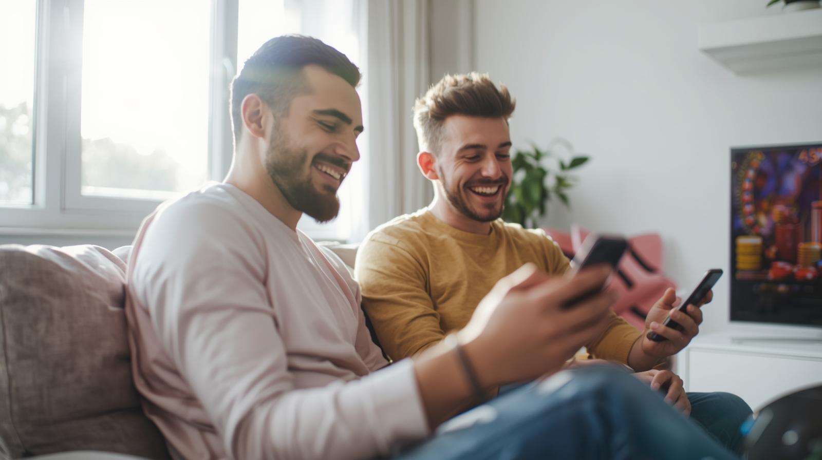 Two adults smiling indoors while browsing online gaming platforms with blurred screens.