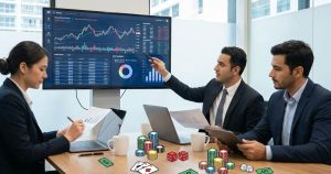 Business professionals analyzing charts with casino chips and betting icons