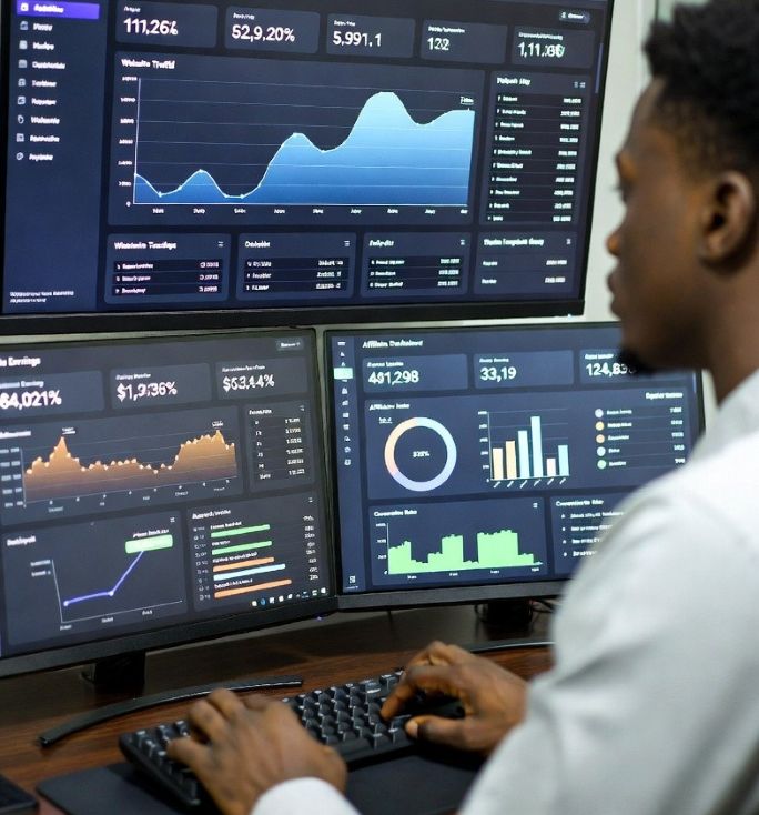 digital marketer analyzing website traffic and affiliate dashboards