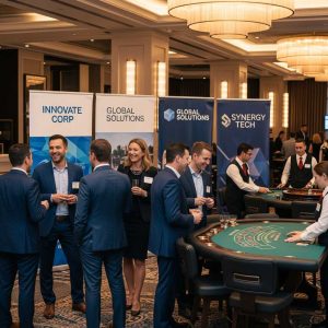 A corporate event at a casino with branded banners, business professionals networking and gaming tables