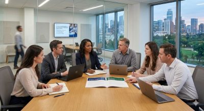 A professional business meeting discussing ethical policies, documents labeled “compliance” and “responsible gambling,” modern office setting